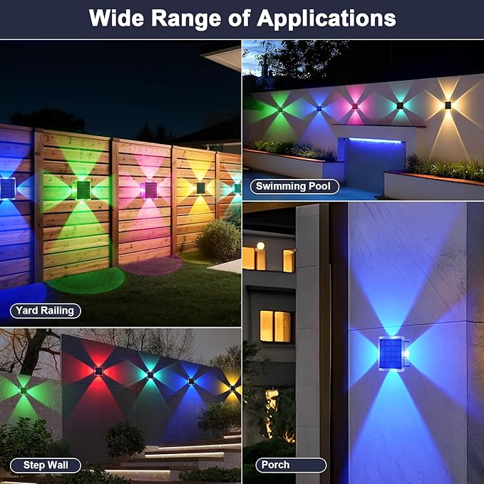 AUDLES Solar Fence Lights Outdoor, New 4-Way Lighting Fence Lights Solar Powered with 8 Modes Warm White/RGB, IP65 Waterproof Solar Wall Light for Backyard Wall Pathway Deck Patio Decor - 12 Pack