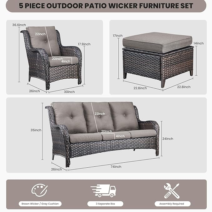 Belord Outdoor Wicker Furniture 5 Pieces Patio Furniture Sofa Set Patio Wicker Chairs with Ottomans Conversation Set for Porch Garden Deck Balcony Poolside