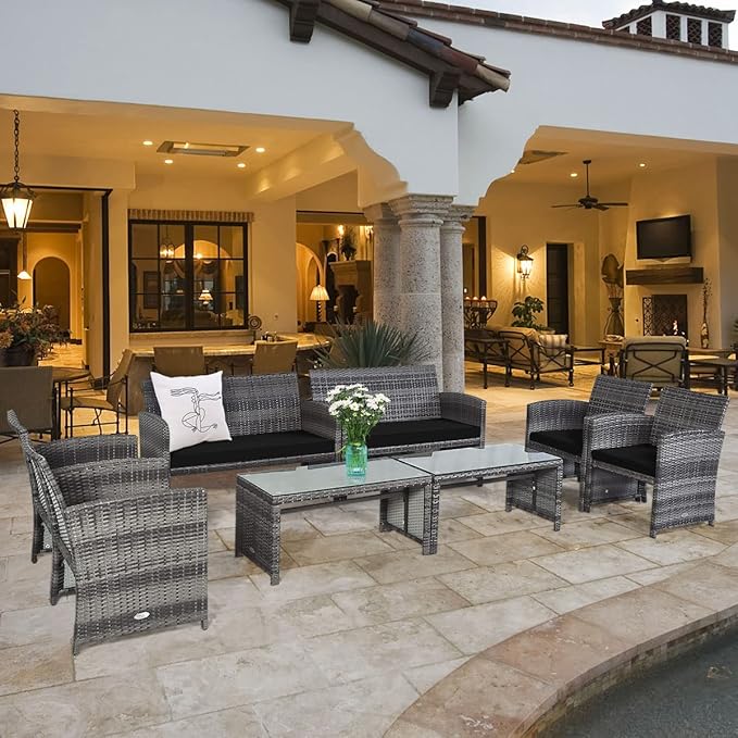 COSTWAY Patio Furniture Set 8 Pieces, Outdoor Wicker Chairs Sofa w/Coffee Table and Soft Cushions, Rattan Conversation Sets for Patio Lawn Backyard Yard Pool Garden, Black