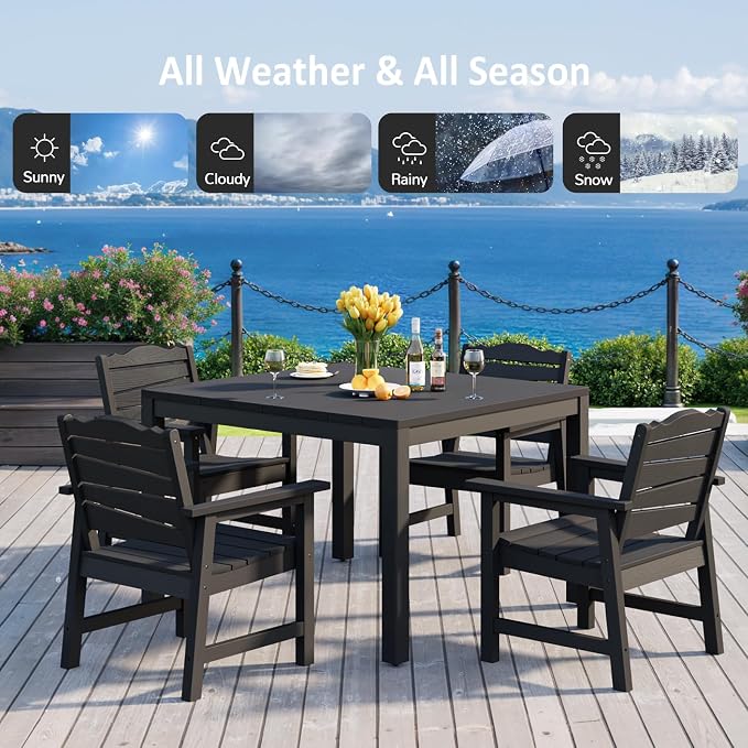 5-Piece Patio Dining Set, Outdoor Dining Square Table w/Aluminum Frame and 4 Chairs, Weatherproof HIPS Dining Furniture with Umbrella Hole, for Backyard Garden Deck Poolside, Black