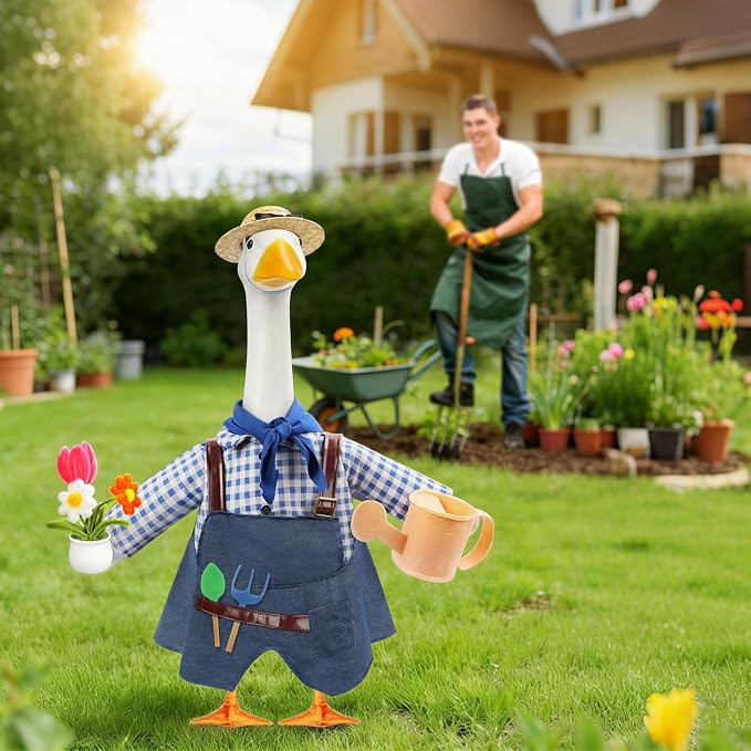 GJL Gardener Porch Goose Outfit Fits 23 Inch Cement Plastic Goose Statue, 2-Piece Porch Goose Clothes with Hat, Tools, Scarf, Watering Can & Flower Pot Design for Spring Summer Garden Yard Lawn Decor