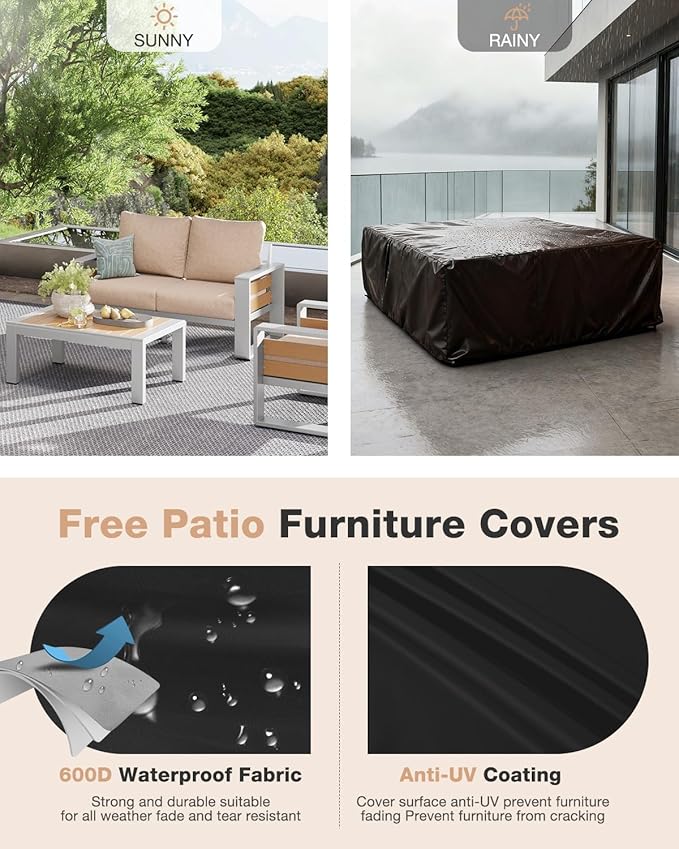 Aoxun Aluminum Patio Furniture Set, 4 Piece Luxury Outdoor Sectional with 6" Olefin Fabric Cushions, Patio Conversation Sets with Coffee Table and Waterproof Cover for Backyard, Porch Beige