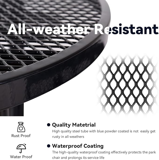 Heavy Duty Picnic Table for Outdoors 3200 lbs Load All Metal Dining Table with Umbrella Hole up to 1.5", Round Camping Table for Commercial Picnic Table with Benches, Black