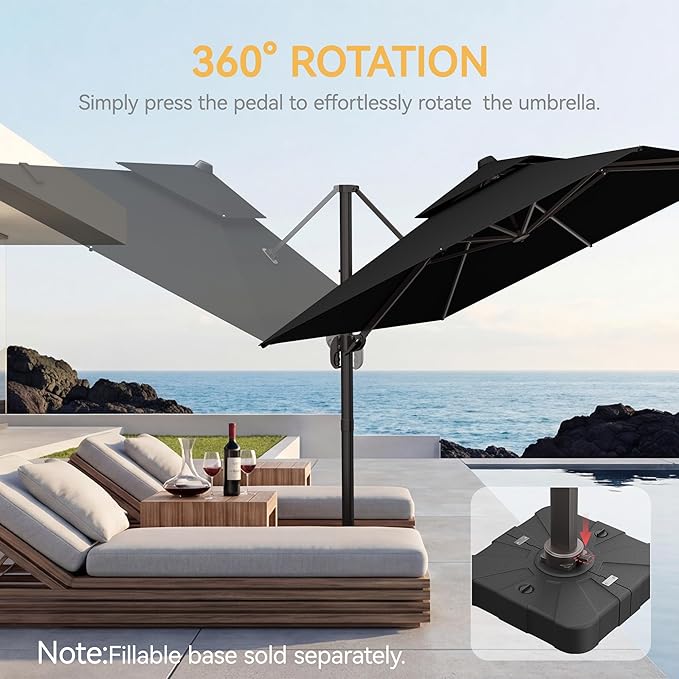 10x13 FT Patio Umbrella, Large Cantilever Rectangular Double Top Heavy Duty Offset Umbrellas with 360° Rotation, Outdoor shade for Garden Deck Pool Patio, Black