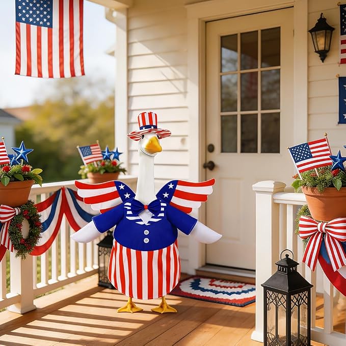 4th of July Patriotic Porch Goose Outfits with Wings for 23" Porch Goose Independence Day Goose Costume USA 250th Anniversary Outdoor Patio Yard Lawn Garden Decoration