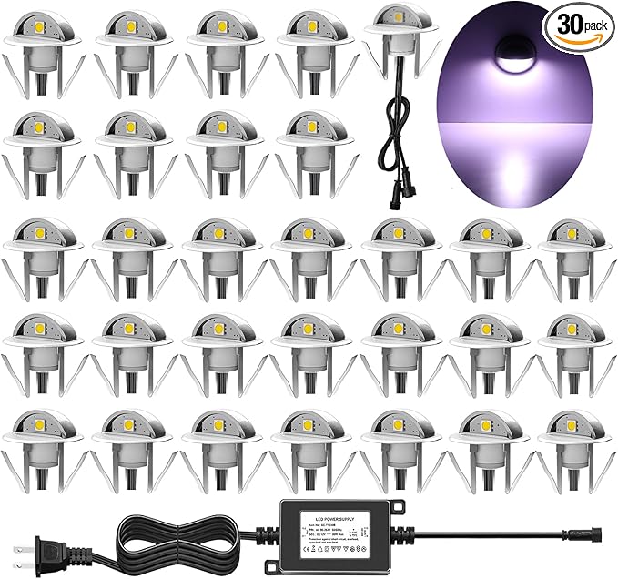 30 Pack LED Stair Lights Kit Low Voltage Waterproof IP65 Outdoor 1-2/5" Recessed Wood LED Deck Lighting Yard Garden Patio Step Landscape Pathway Decor Lamps, Cold White