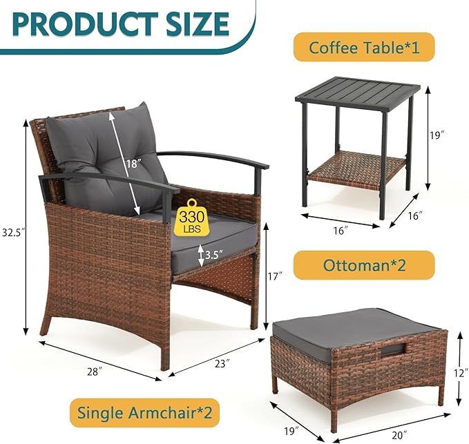 AVAWING 5 Pieces Wicker Patio Conversation Set, Outdoor Rattan Chairs with Ottoman, Metal Coffee Table, & Cushions, Outside Furniture Sets for Garden, Deck, Backyard, Poolside(Dark Grey)