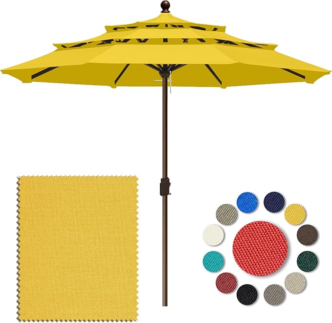 Eurmax USA 10-Year-Non-Fading 10FT 3-Tier Outdoor Patio Market Umbrella,UPF50+ UV Resistant,Heavy Duty Commercial Grade,Crank Lift Design,Windproof Vented Top for Garden,Pool,Deck,Sunflower Yellow