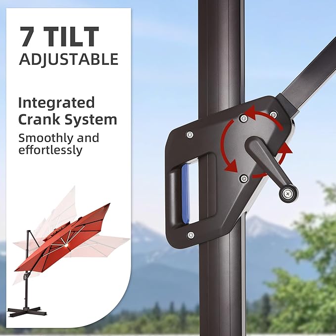 10 X 13 FT Cantilever Patio Umbrella with Led Lights Heavy Duty Windproof Double Top Large Rectangle Offset Umbrellas with 360-degree Rotation for Garden Pool Deck Backyard, Red