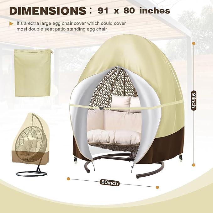 Patio Egg Chair Covers with Zipper, 91x80 Inches, Extra Large Double Egg Chairr Cover for Outdoor Furniture, Heavy Duty Swing Hanging Eggs Chair Cover Waterproof, Anti-UV, Dust-proof Beige