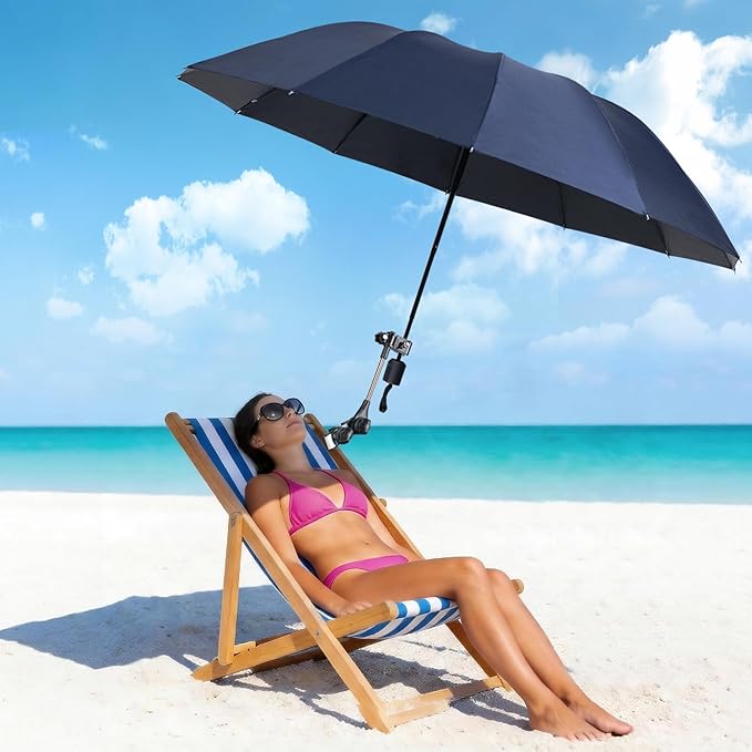 Beach Chair Umbrella with Clamp 360° Adjustable Clip On Umbrella for Camping Chair UPF 50+ UV Protection Sun Shade Portable Stroller Umbrellas for Travel, Wheelchair, Boat, Patio, Golf Cart