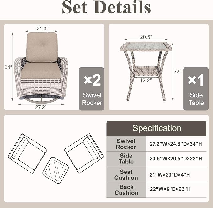 Patio Wicker Chairs Swivel Rocker, Outdoor Swivel Glider Rocker Chairs with Rattan Side Table, All Weather Conversation Set for Porch Poolside Balcony,Beige