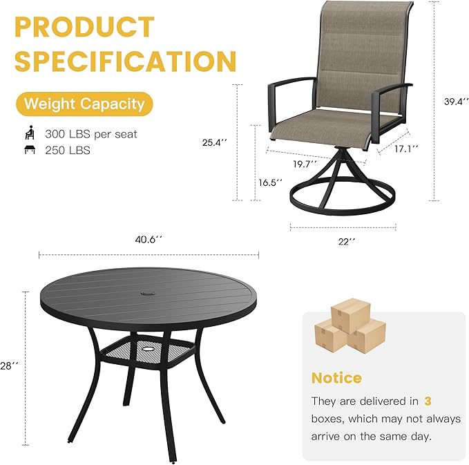VICLLAX Patio Dining Set for 4, 5 Pieces Outdoor Furniture Set- 40.7" Round Outdoor Table and Swivel Padded Chairs, Black Tabletop and Mixed Brown Fabric