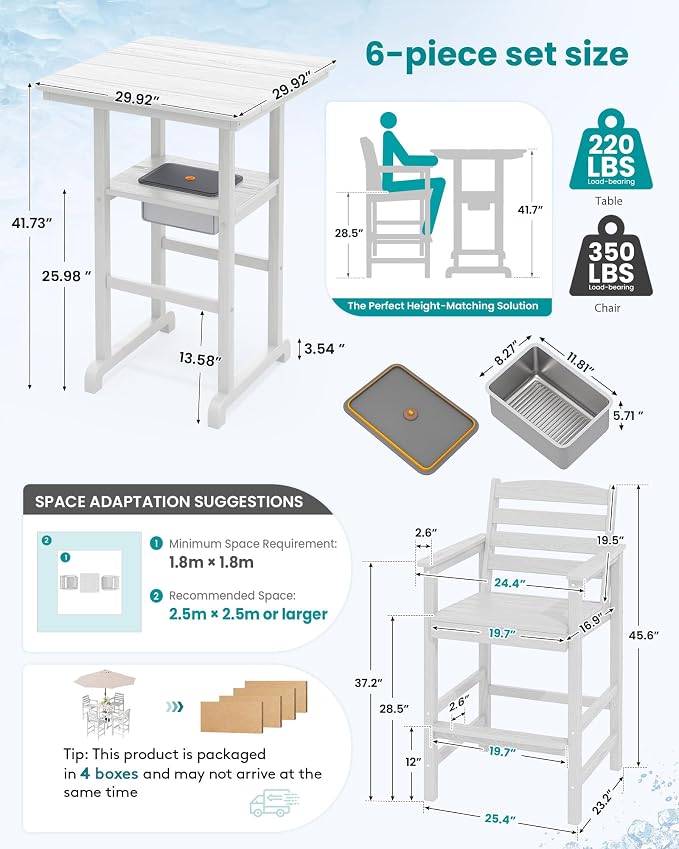 SERWALL Adirondack Bar Chairs and Table 5 Pieces Set with Umbrella, HDPE Bar Height Chairs Set of 2 and Bar Table with Ice Bucket, Outdoor Bar Stools Set for Balcony, Poolside, Backyard, White