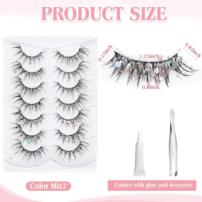 Geelin 7 Pcs Porch Goose Outfit Eyelash for 23/17'' Plastic Lawn Goose Statue Reusable Mink Fake Lashes End 3D Salon Eyelashes for Lawn Patio Art Decoration(Glitter,Black)