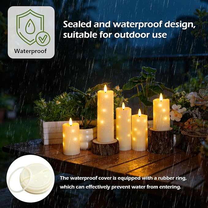 kakoya Outdoor Waterproof Flickering Flameless Candles with Timer,5Pcs Battery Operated LED Pillar Candles with Embedded Star String for Outdoor Lanterns,Porch,Patio Decor(Ivory)