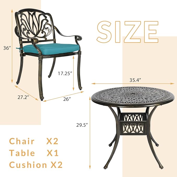 3-Piece Outdoor Patio Dining Set, All-Weather Cast Aluminum Patio Furniture Set for Backyard Garden Deck with 2 Cushioned Chairs and 35.4” Round Table, 2" Umbrella Hole, Ocean Blue