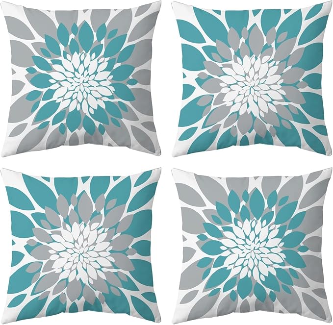 Qahing Pack of 4 Outdoor Waterproof Pillow Covers 18x18 Decorative Outdoor Throw Pillows Garden Square Cushion Cases for Patio Furniture, Couch, Tent Sunbrella, Bench, Teal Turquoise Grey