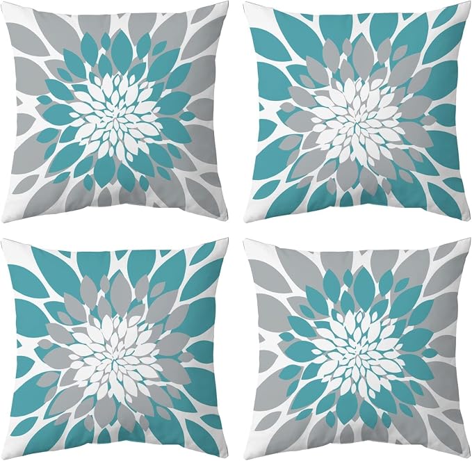 Pack of 4 Outdoor Waterproof Pillow Covers 24x24 Decorative Outdoor Throw Pillows Garden Square Cushion Cases for Patio Furniture, Couch, Tent Sunbrella, Bench, Teal Turquoise Grey