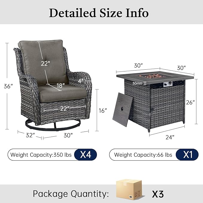 Wicker Patio Furniture Set- 4 Pieces Outdoor Swivel Rocker Chairs with 50,000 BTU Fire Pit Table,PE Rattan Outdoor Conversation Set for Garden Porch Deck