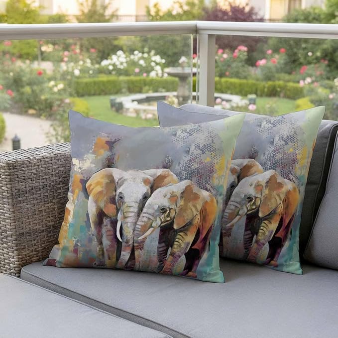 Elephants Outdoor Pillow Covers 20"x20" Set of 2, Animal Abstract Splatters Bohemian Waterproof Throw Pillow Covers for Patio Furniture, Decorative Cushion Covers for Porch