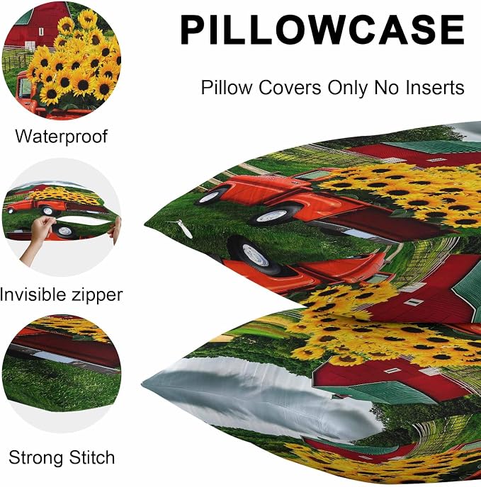 Waterproof Pillow Covers Set of 2 12x20 Inch Farmhouse Sunflower Outdoor Lumbar Cushion Covers Farm Red Truck Decorative Pillow Cases for Patio, Sofa, Couch, Garden