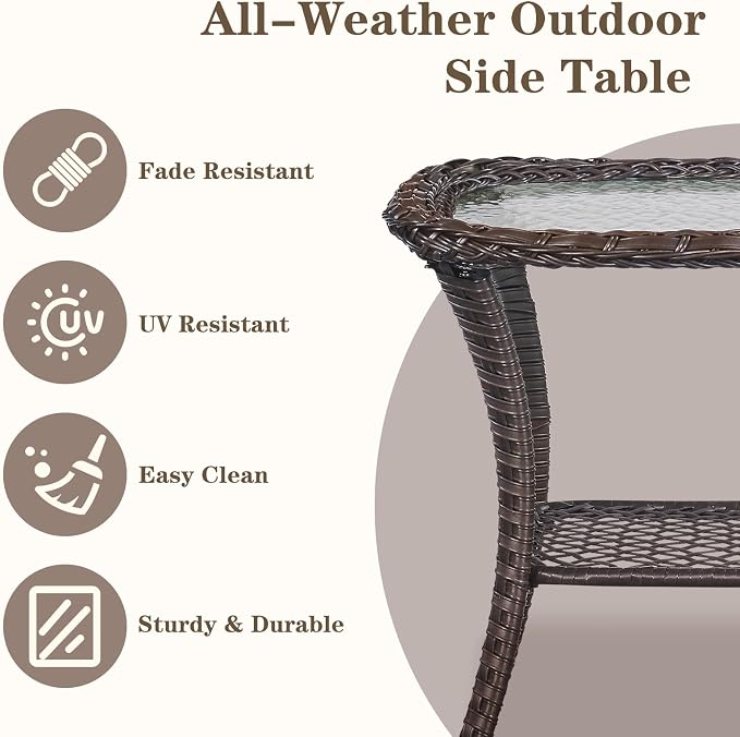 Small Outdoor Side Table - 50 LBS Weight Capacity Wicker Side Table with Storage, Tempered Glass Top Patio Side Table for Porch Balcony Deck Garden - Brown