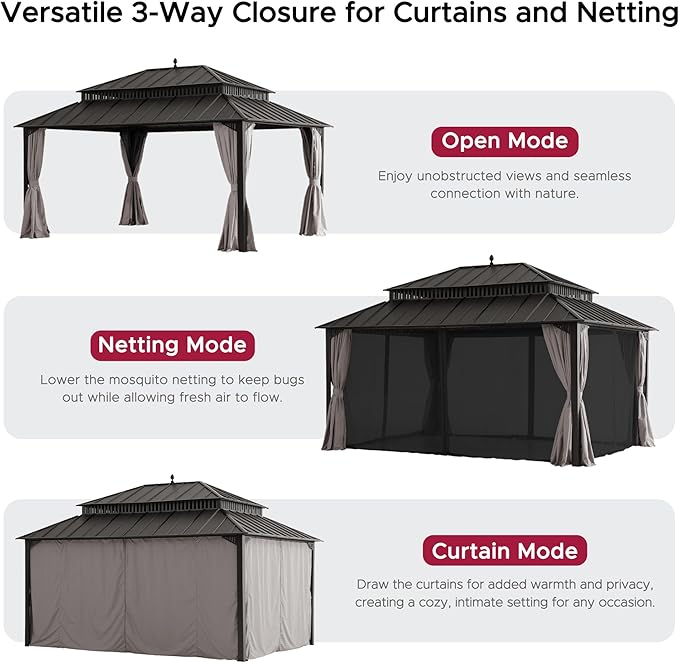 SUNJOY Kingston 16' x 12' Hardtop Gazebo with Galvanized Steel Double Roof, Curtain and Netting, Brown Aluminum Posts Permanent Pavilion Gazebo for Garden, Patio, Deck, Lawn