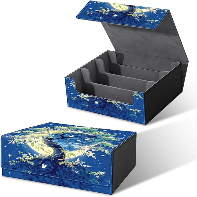 Large Card Deck Box for MTG, Fits 1200+ Sleeved Cards, PU Leather Storage Case with Strong Magnetic Closure, Multiple Colors Available for TCG CCG Baseball Card Collections, Moon Green Tree