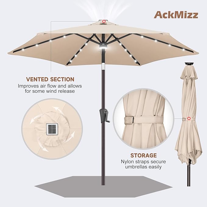 7.5ft Solar Umbrella Outdoor - Lighted Solar Patio Umbrella with 24 LED Lights Waterproof UV Protection, Table Umbrella with Tilt for Pool, Porch, Garden, Deck, Backyard (Beige)