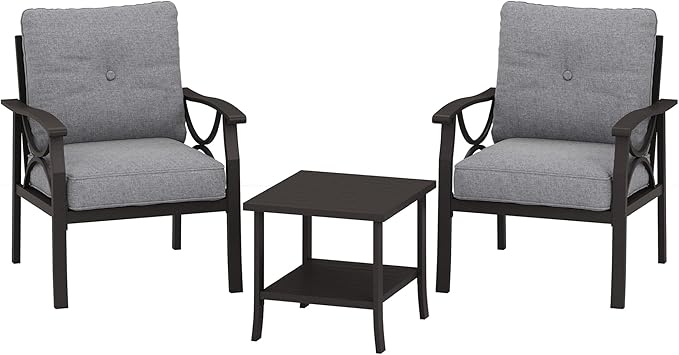 RoyalCraft Outdoor Patio Furniture Set, 3 Piece Patio Conversation Set, Metal Furniture Set for Porch Backyard,Khaki Metal Furniture with Gray Cushions