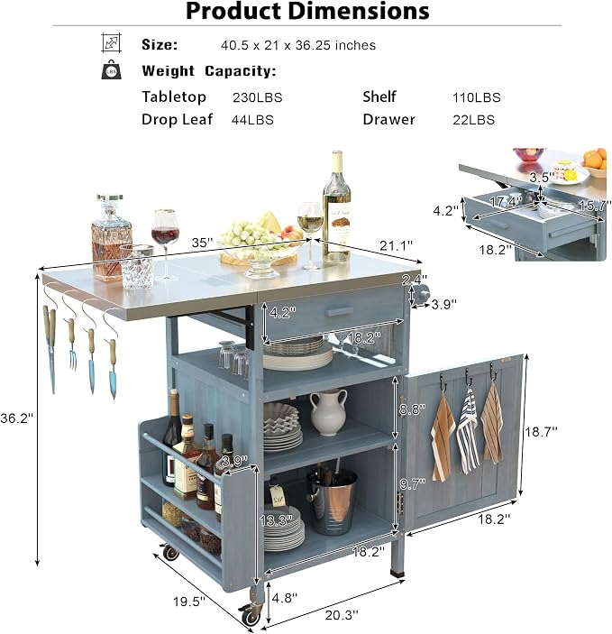 Outdoor Grill Cart with Stainless Steel Top, Solid Wood Outdoor Storage Cabinet with Drop Leaf, One Drawer, Towel Rack, Rolling Kitchen Cart with Lockable Wheels for Lawn Garden (Blue+Grey@072)