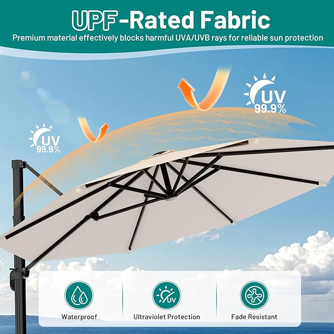 AreShark 11FT Round Cantilever Patio Umbrella with Base Included, 360° Rotation Offset Outdoor Umbrella, 5 Tilt Settings Heavy Duty Hanging Parasol for Deck Garden Pool, Cream White
