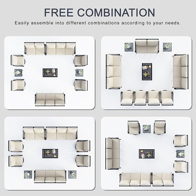 10 Pieces Patio Furniture Set, Metal Outdoor Conversation Sets with Swivel Chairs, Modern Couch Sofa Seating Group with Coffee Table and Side Table (Thick Beige Cushions)