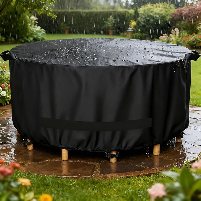LBTING Round Patio Furniture Cover, Outdoor Table Chair Set Covers 62Dia x 28H Inches, 420D Waterproof Windproof Dust-proof UV-Resistant Furniture Cover - Black