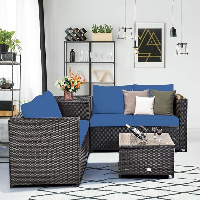 Tangkula 8 Piece Wicker Patio Set with Storage, All Weather-Proof Outdoor Conversation Set, with Loveseat, Coffee Table & Storage Box, Suitable for Garden, Poolside, Sunroom (2, Navy Blue)