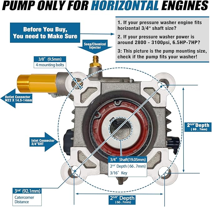 3100PSI Pressure Washer Pump 3/4" Shaft, Horizontal Power Washer Pump Replacement Universal Power Washer Pumps for Pressure Washer 2800-3100 PSI, Compatible with Generac,Simpson and More Engines