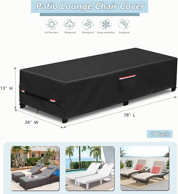 Outdoor Chaise Lounge Covers 2 Pack,Heavy Duty 600D Tear-Resistant Lounge Chair Cover Waterproof Outdoor,All-Weather Protection Patio Chaise Lounge Covers,78" L x 26" W x 13" H