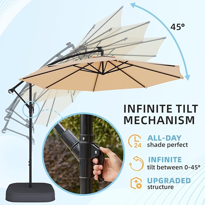 10FT Patio Umbrella with Base Included, Outdoor Offset Cantilever Umbrella, Infinite Tilt, UV Protection for Backyard, Lawn, Garden & Pool
