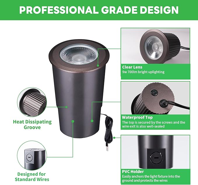 Low Voltage Well Lights for Landscaping - Outdoor IP67 12V LED Ground Light, 5 Color Temperature Selectable In-Ground Light, ORB Aluminum for Path House Backyard 9W 700LM 8 Pack
