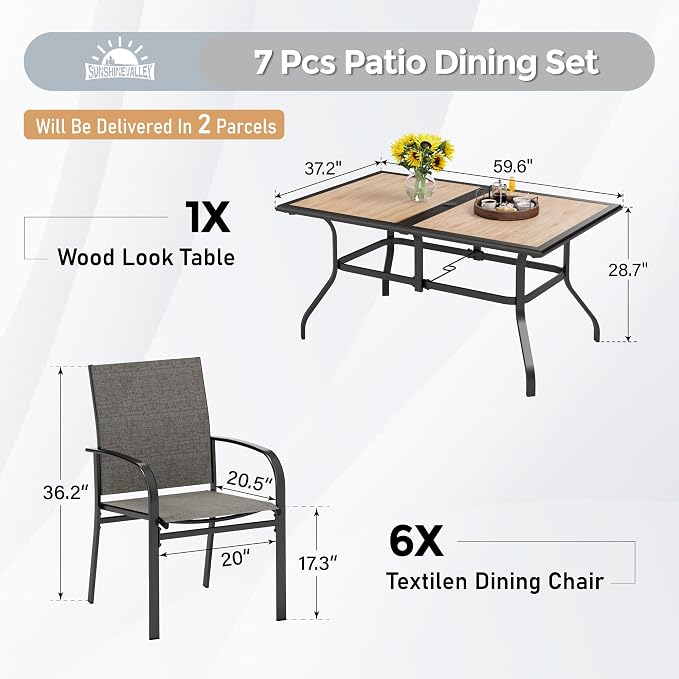 SUNSHINE VALLEY 7 Pcs Patio Dining Set for 6, Rectangular Metal Dining Table (PVC Table Top) with Umbrella Hole and 6 Chairs, Outdoor Dining Set for Lawn Garden Deck, Brown