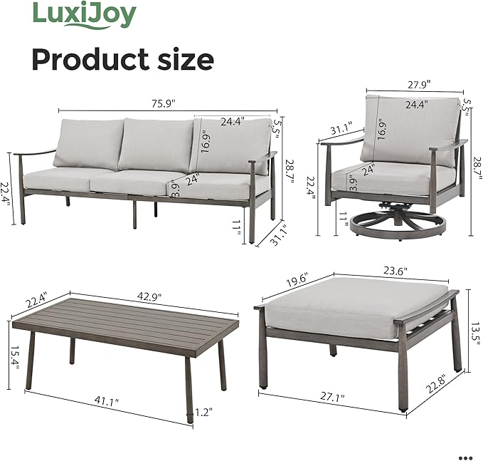 6 Pieces Aluminum Outdoor Patio Furniture Sets with Coffee Table, Cushioned 3-Seat Sofa Couch and Swivel Chairs with Ottomans, All-Weather Conversation Set for Yard Proch Deck, Greige & Grey