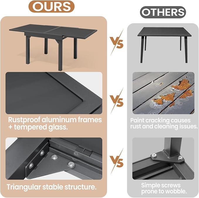 Modern Aluminum Outdoor Dining Table - Expandable Patio Glass Dining Table for 6-8, Extendable Aluminum Patio Extender Table 35" to 70" for Backyard, Porch, Deck, Garden - Dark Grey
