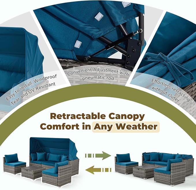 6-Piece Outdoor Patio Furniture Set with Retractable Canopy, Grey Rattan Sectional Sofa with Adjustable Backrest, Conversation Set for Garden Deck Backyard Lounge Area(Gray)