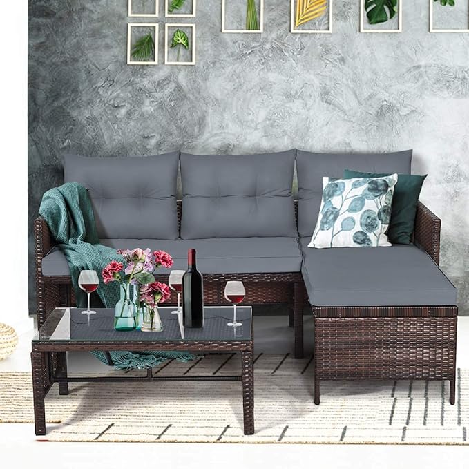 Fireflowery 3-Piece Outdoor Rattan Sectional Sofa Set, Patio Wicker Rattan Conversation Furniture Set, Steel Frame & Seat Cushion, Perfect for Garden Lawn Pool Backyard (Grey)