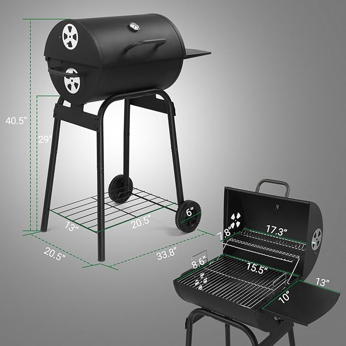 Outdoor BBQ Charcoal Grills,Heavy Duty Charcoal Grill,Metal Outdoor Barbecue Smoker,Portable Camping Barbecue Grills,with Side Table and Wheels,for Garden, Backyard, Patio, Picnics, Party (Black)