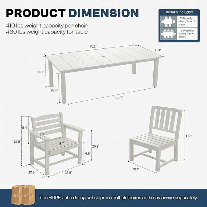 9-Piece Outdoor Dining Set for 8, 75.2" HDPE Table with Umbrella Hole & 8 Chairs, All-Weather Patio Furniture for Lawn, Yard, Deck, or Poolside, Fade & Crack Resistant (White)