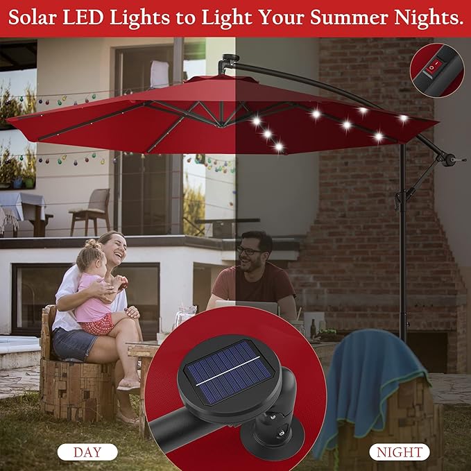 Tangkula 10FT Outdoor Patio Umbrella Solar LED Lighted Sun Shade Market Umbrella with Hanging Cover and Cross Base (Burgundy)