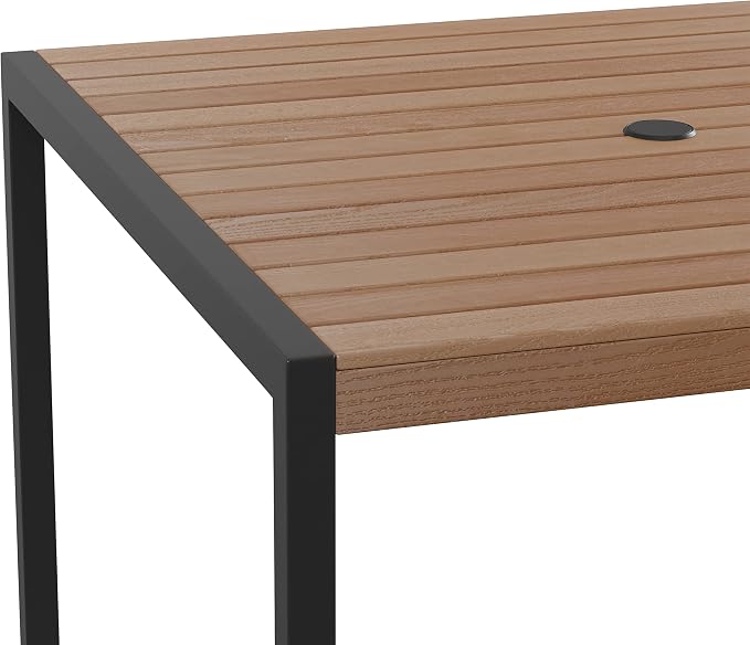 Flash Furniture Lark Outdoor Steel Dining Table - Faux Teak Poly Slatted Top - Commercial Grade Dining Table with Black Frame - 35" Square - Umbrella Holder Hole