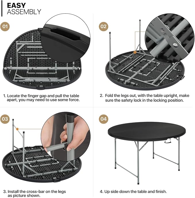 Magshion Folding Table Chair Set, 4.5Ft Heavy Duty Round Table Desk and 10pcs Black Fold Plastic Chair for Indoor Picnic Kitchen Outdoor